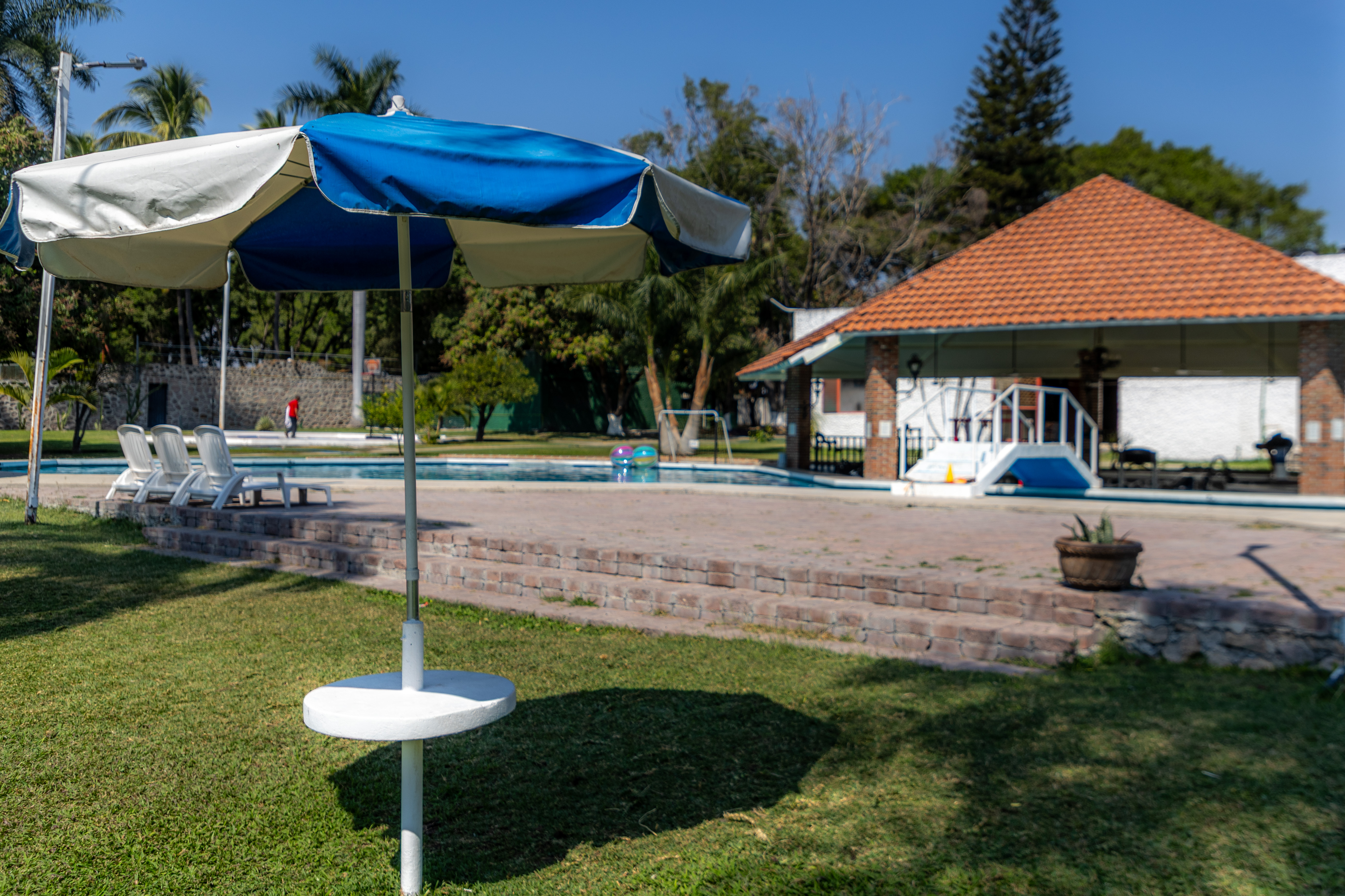 Área de descanso con alberca y jardín